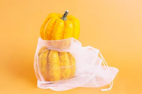 Different varieties of Pumpkins in mesh bag of fabric on orange background Stock Photos