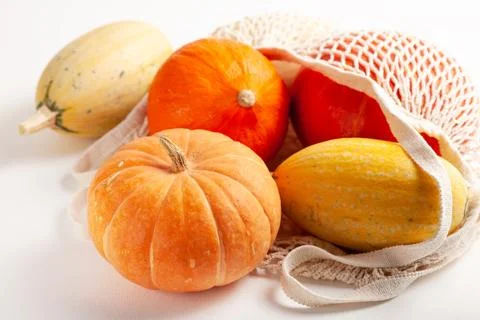 Different varieties of pumpkins in a string bag on a white background Stock Photos