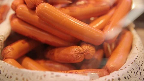 Different varieties of small sausages on the display, close-ups Stock Footage 75490103