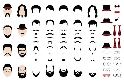 Different vector design elements of men face, beard, mustache, hair, tie and Illustrazione stock