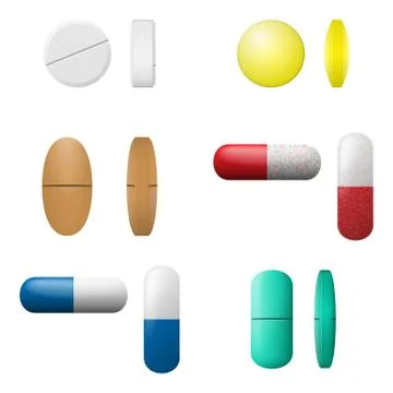 Different vector pills and capsules set. Pharmacy drugs icons isolated on a w Stock-Illustration