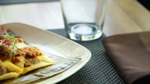 A different vegetable and meat Stuffed Roll on the plate Stock Footage 35441041