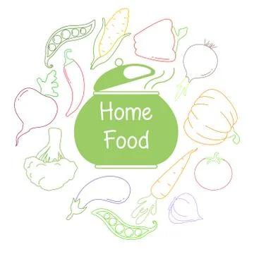 Different vegetables and a pot. Vector illustration in a linear style. Stock Illustration