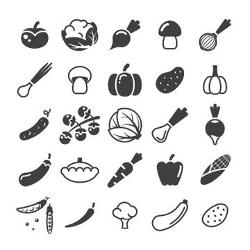Different vegetables black glyph vector icons set Stock Illustration