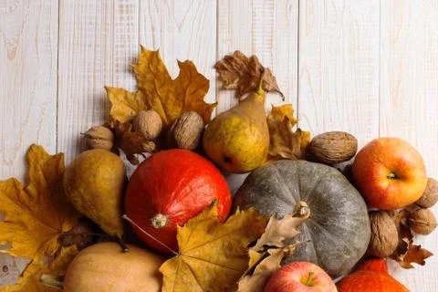 Different vegetables, pumpkins, apples, pears, nuts and dry yellow leaves on  Stock Photos