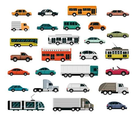 Different vehicles, city transport, automobile service, side view cars Stock Illustration