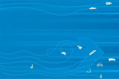 Different vehicles running over stripped blue pattern. Stock Illustration