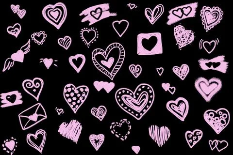 Different versions of hearts drawn with pink chalk on a black background. p.. Stock Illustration