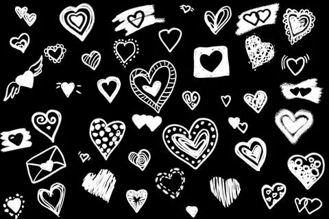 Different versions of hearts drawn with white chalk on a black background. .. Stock Illustration