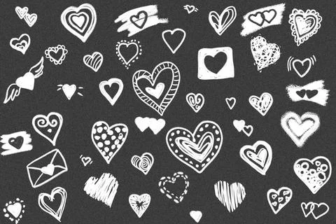 Different-versions-of-hearts-drawn-with-white-chalk-on-the-pavement-pattern.. Stock Illustration