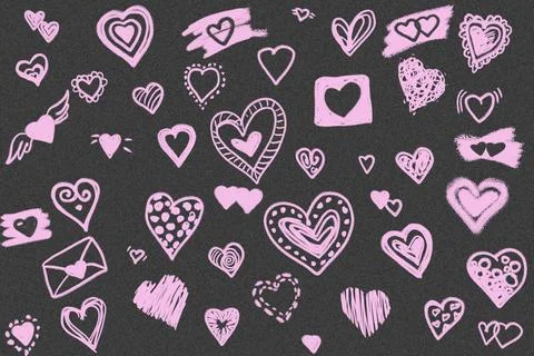 Different versions of hearts drawn with white chalk on the pavement. patter.. Stock Illustration