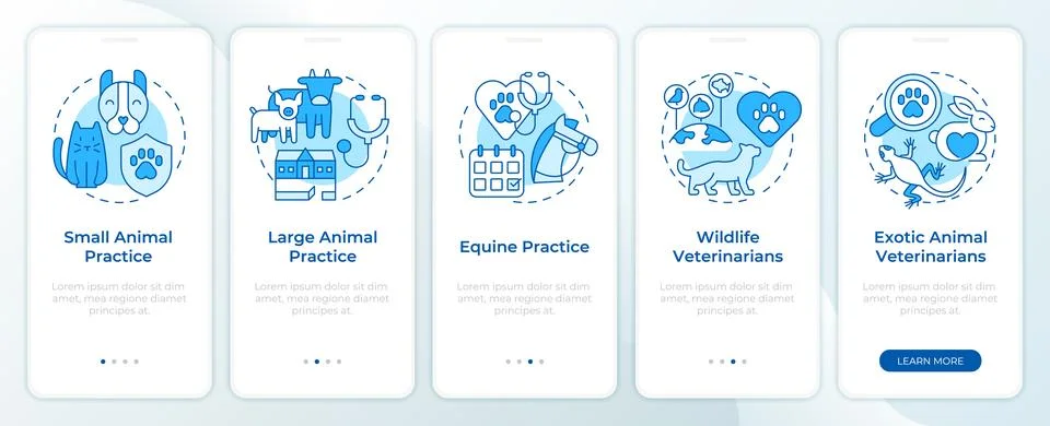 Different veterinary practice types monochrome blue onboarding mobile app scr 库存插图