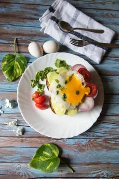Different view of popular breakfast items salad with eggs and cheese Stock Photos