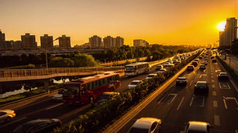 Different view of Tonghui River freeway,sunset,Beijing,China Stockbeeldmateriaal 30580843