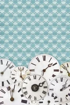 Different vintage clock faces on a retro wallpaper background Stock Illustration