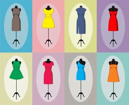 Different vintage dresses on a mannequin. Vector Stock Illustration