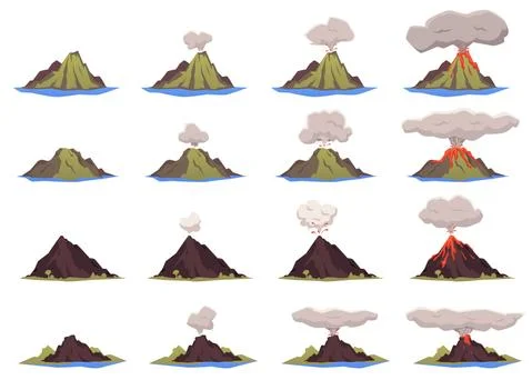 Different volcanic activity of islands, rocks, mountains a vector illustrations. Stock Illustration