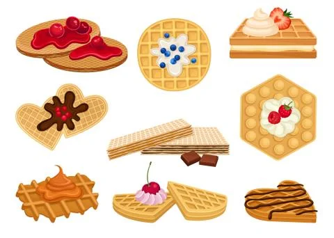 Different Waffles with Textured Surface and Sweet Chocolate and Berry Topping Illustrazione stock