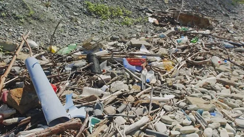 Different waste lies on pebble 스톡 동영상 157348422
