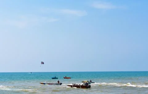 Different water activities going on the beaches of goa Stock Photos