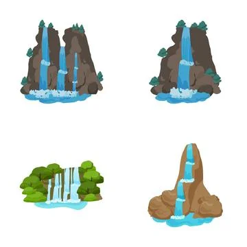 Different waterfall illustrations falling over rocks and mountains Stock Illustration