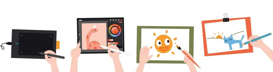 Different ways of creativity. Childrens hands at art class, digital painting  Stock Illustration