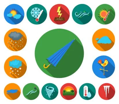 Different weather flat icons in set collection for design.Signs and Illustrazione stock