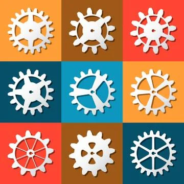 Different white cogwheel set. Flat style. Stock Illustration