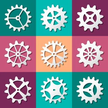 Different white cogwheel set. Flat style. Stock Illustration
