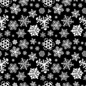 Different white snowflakes on black background seamless pattern Stock Illustration