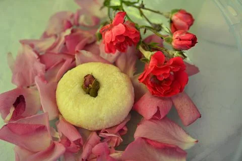 Different white soaps with flower. Stock Photos