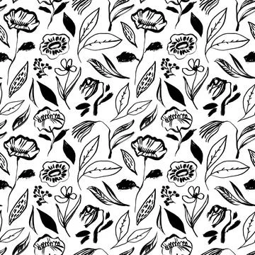 Different wild plants and flowers seamless pattern Stock Illustration
