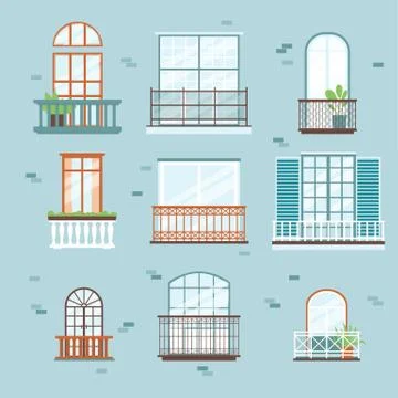 Different windows with balcony on brick building exterior wall. Ilustración de archivo