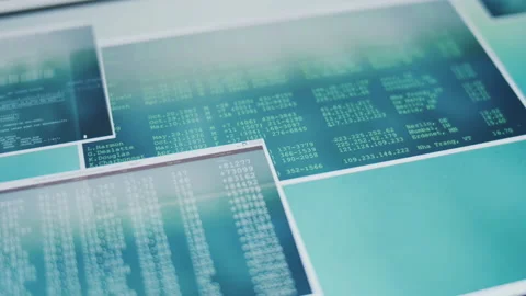 Different windows open on a screen with data records from code and numbers Stock Footage 136411462