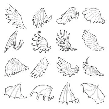 Different wings icons set, outline style 스톡 일러스트
