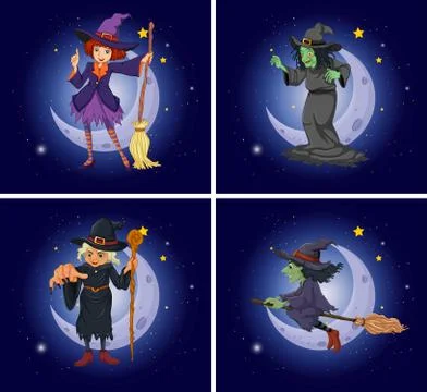 Different witch characters on magic broom Ilustração Stock