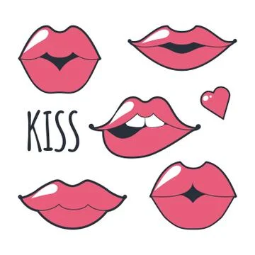 Different women s lips vector icon set isolated from white background. Red lips Stock Illustration