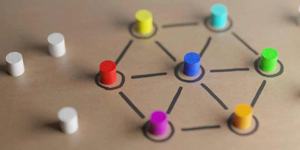 Different wooden objects connected by network on table background, concept .. Stock Illustration