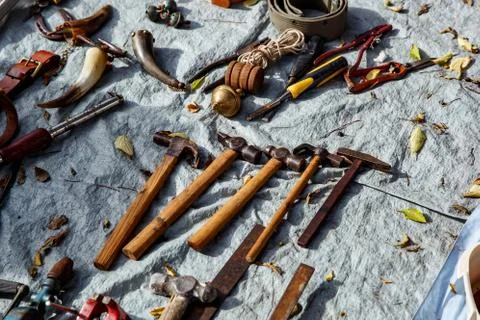 Different work tools at the autumn background. Stock Photos