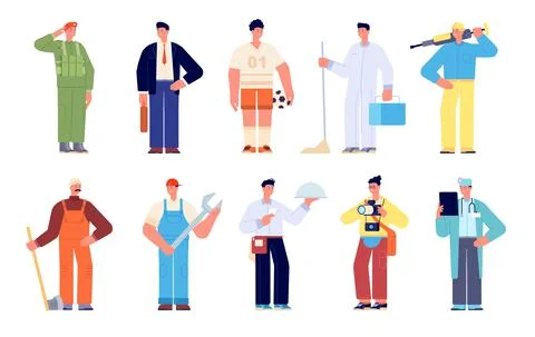 Different workers. Group young working characters, diversity professions Stock Illustration