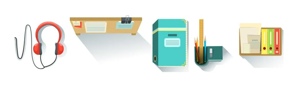 Different Workplace Object and Workflow Items Vector Set Illustrazione stock