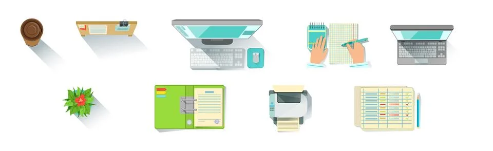 Different Workplace Object and Workflow Items Vector Set Stockillustratie