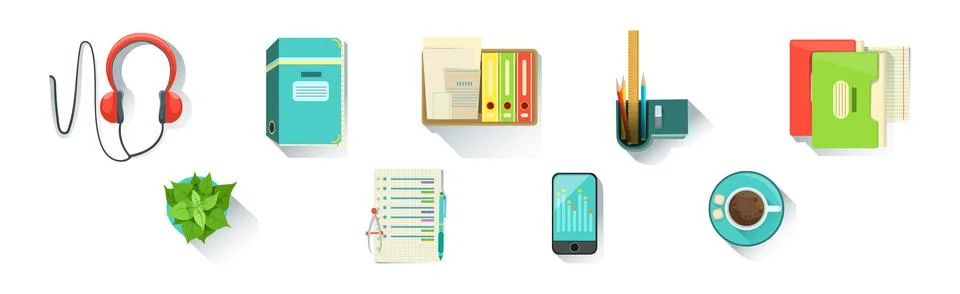 Different Workplace Object and Workflow Items Vector Set Stock Illustration