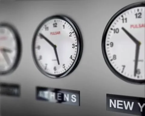Different world times moving on different clock's background Stock Footage 254568951