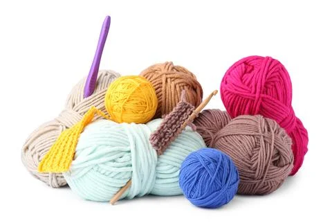 Different yarns, pattern samples and crochet hooks isolated on white Stock Photos