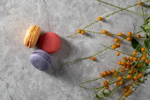 Differnt color macaroons on a marble background Stock Photos