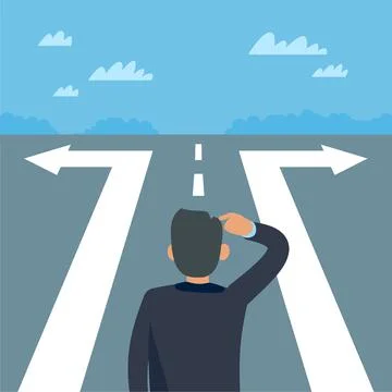 Difficult choice to continue the path. Businessman on crossroads, alternative Stock Illustration