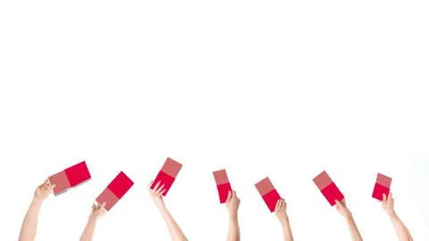 Difficult choice. It is a lot of different offers. Many hands holding the red Stock Photos