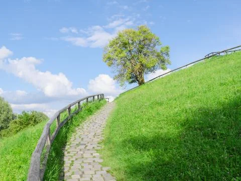 Difficult cobble stones upward path Stockfoto's