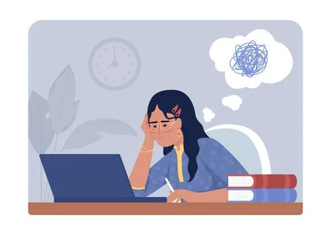 Difficult to concentrate on homework 2D vector isolated illustration Stock Illustration